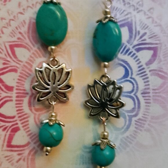 LOTUS MEDITATION EARRINGS, TURQUOISE MAGNESITE, SILVERY - Picture 6 of 7